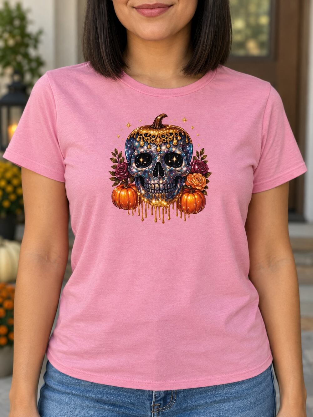 Gildan Softstyle Pink Skull Pumpkin Floral Graphic T-Shirt Women’s Large NWOT